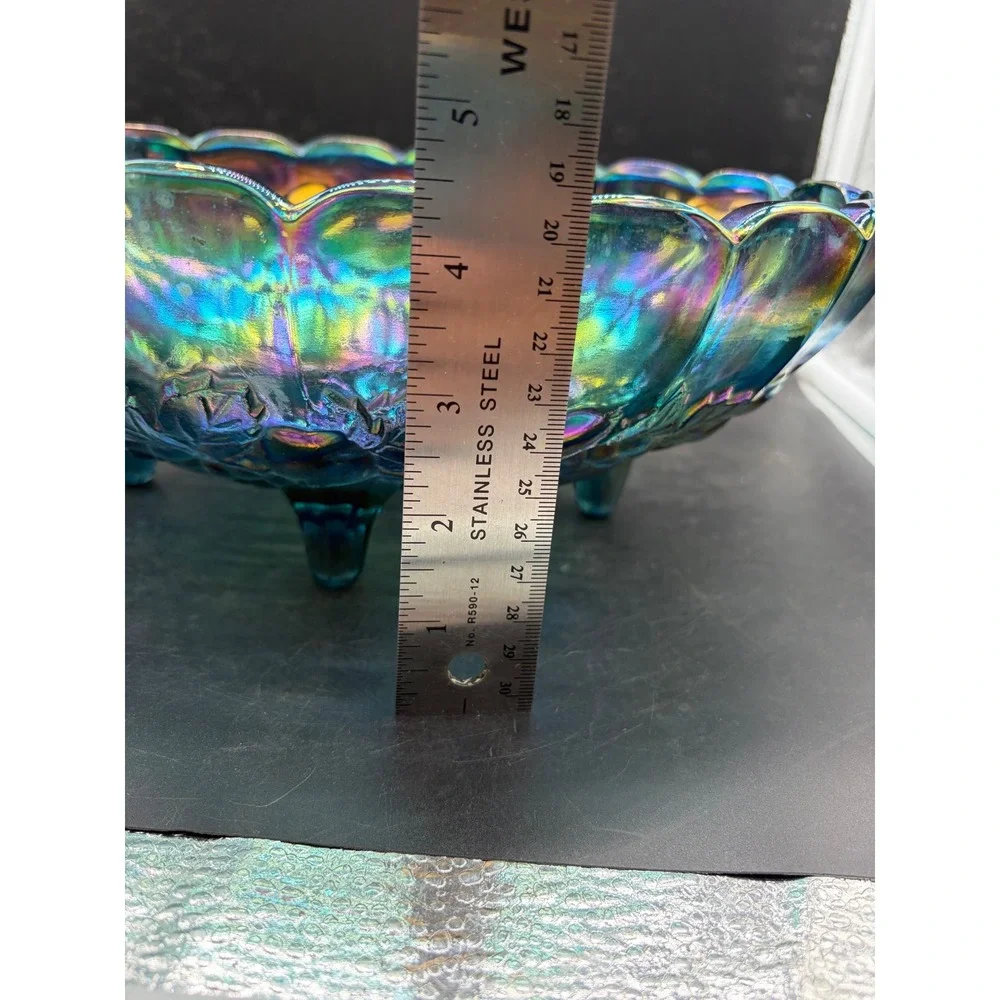 Vintage Indiana Glass Harvest Grape Blue Carnival Glass Footed Oval Bowl 12.5in